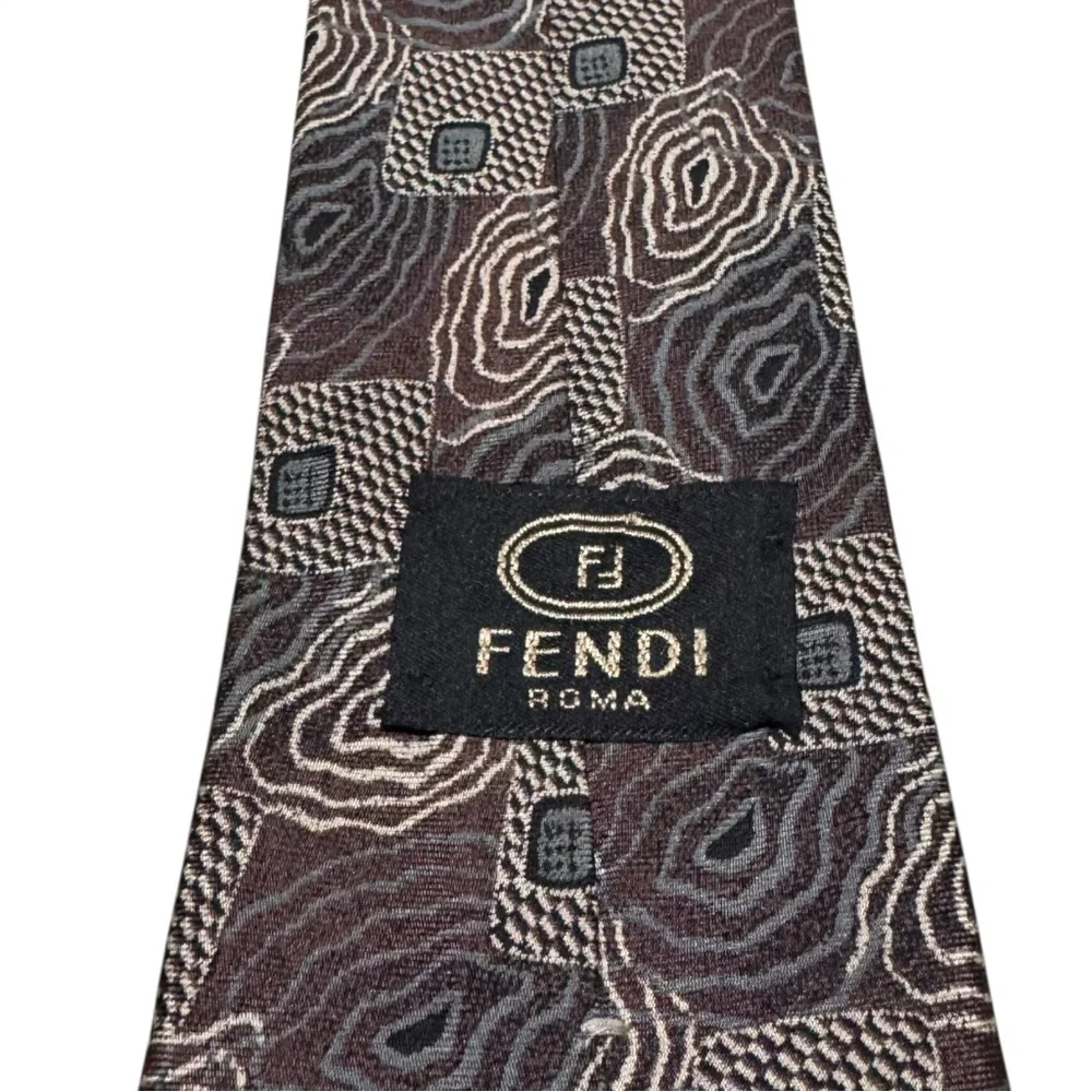 Fendi Designer Silk Geometric Patterned Brown Men's Tie 57.25x3.5‎